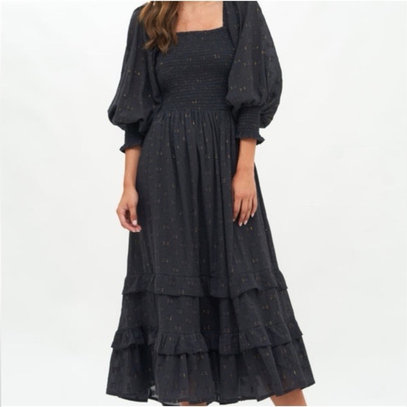 Oliphant Smocked Top Ruffle Midi- Midnight Black/Gold Tiered Dress, Size Small
